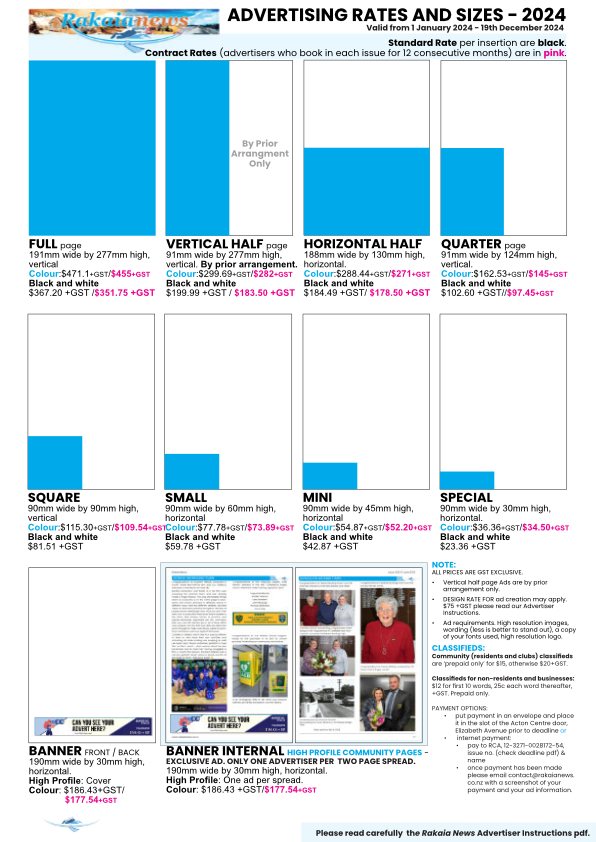 Rakaia News 2024 advertising rates and advertisement size chart
